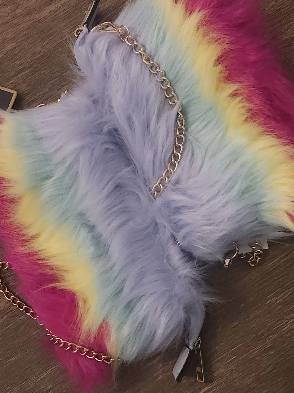 Set Of 2 - Pastel Rainbow Faux Fur Crossbody Bag with Gold Chain